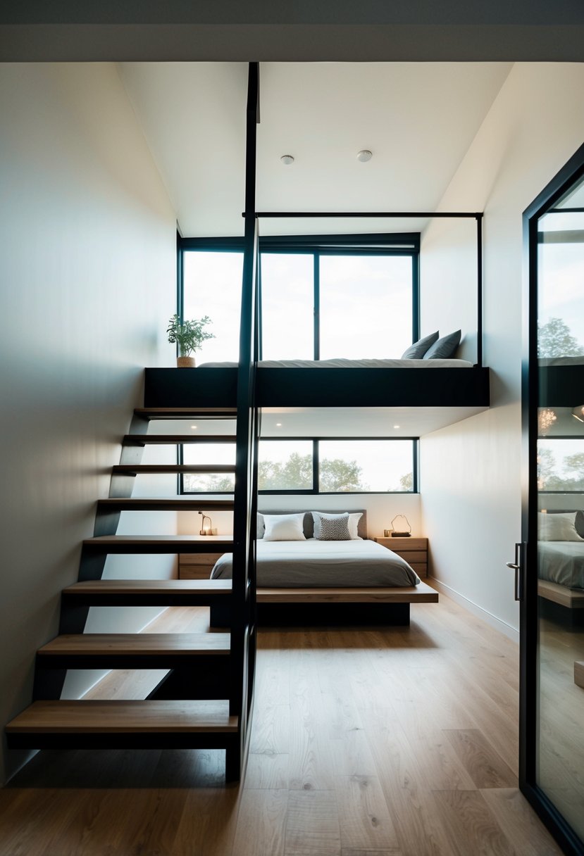 A split-level bedroom with a staircase leading up to a cozy loft area, featuring a low platform bed, modern decor, and natural light streaming in from a large window