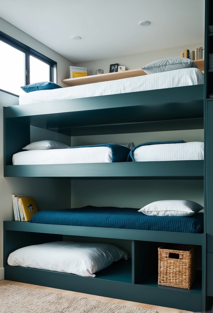 A split-level bedroom with under-bed storage solutions, showcasing seven different layout ideas