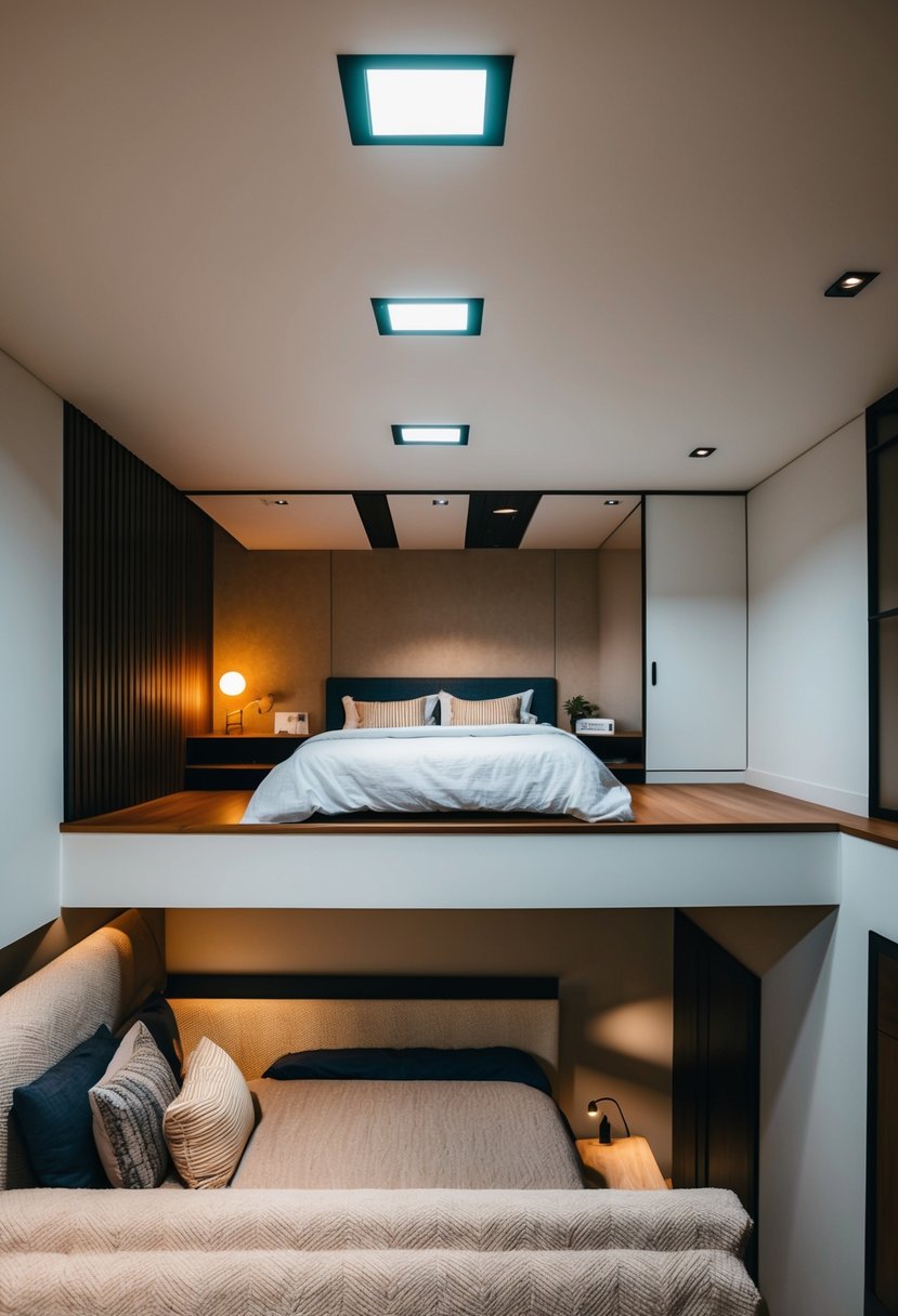 A split-level bedroom with drop ceiling lighting, showcasing modern and cozy design elements