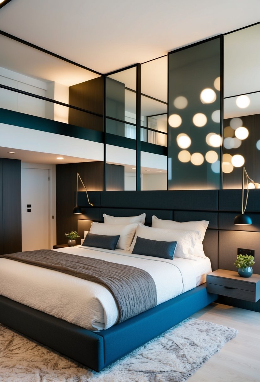 A modern bedroom with a multi-level headboard design, featuring split levels and unique architectural elements