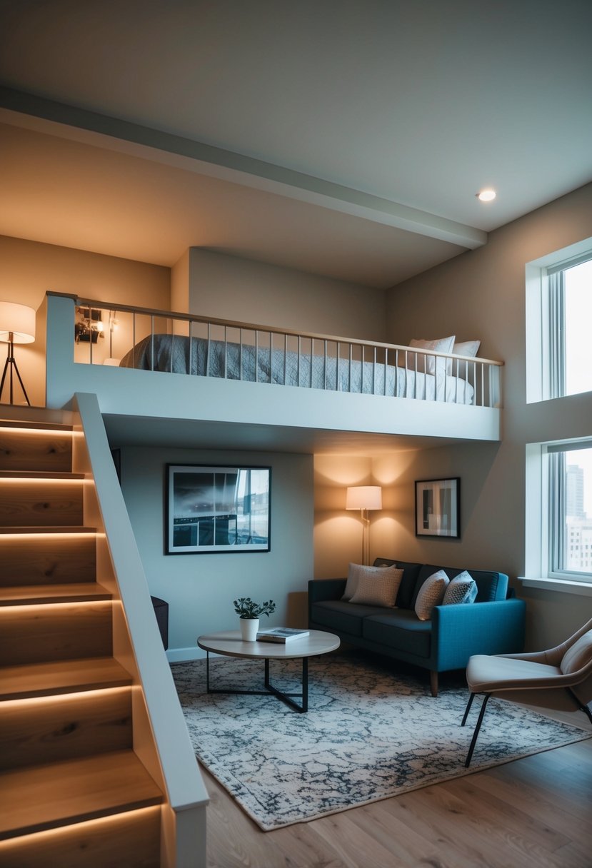 A cozy loft bedroom with a split-level design, featuring a raised sleeping area and a lower lounge space with modern furnishings and soft lighting