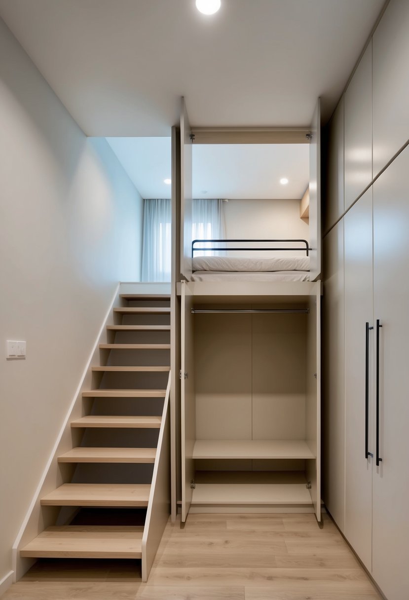 A built-in wardrobe with steps leading up to a raised sleeping area in a split-level bedroom
