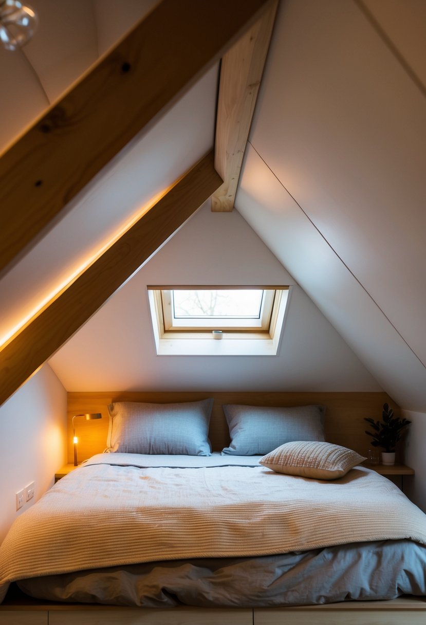 A cozy mezzanine sleeping nook with a sloped ceiling, soft bedding, and warm lighting
