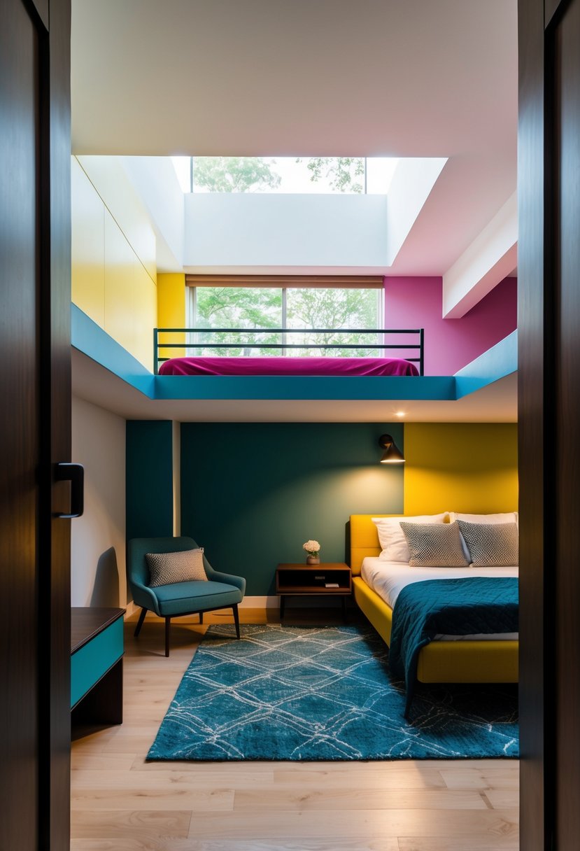 A split-level bedroom with a lofted sleeping area, modern furniture, and a color scheme that creates a sense of cohesion and flow