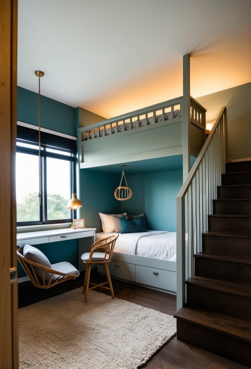 A split-level bedroom with a cozy reading nook, a hanging chair, a built-in desk, a loft bed, and a staircase leading to a lower lounge area
