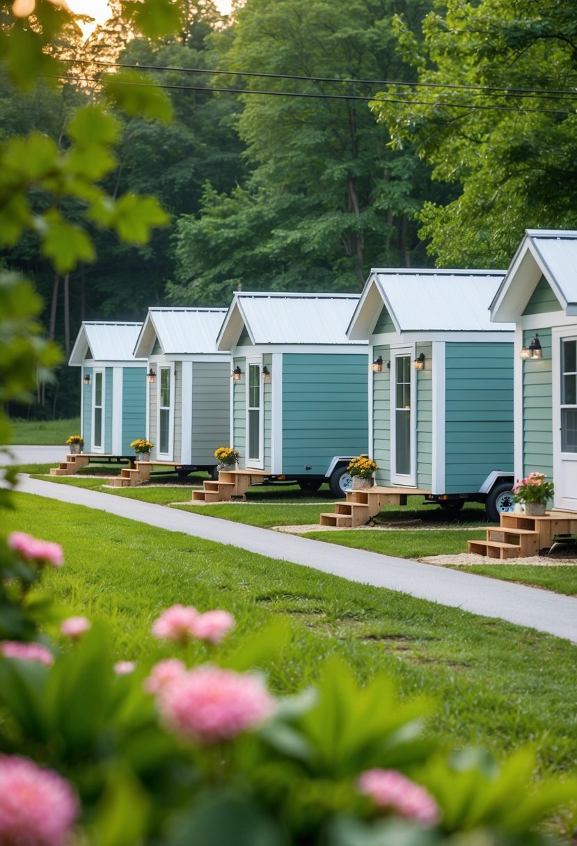 A row of 8×24 tiny homes nestled in a scenic community in Bean Station, TN, surrounded by lush greenery and a serene atmosphere
