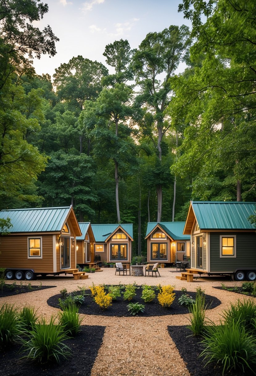 A cluster of tiny homes nestled among trees, with a central gathering area and communal garden in Bean Station, TN