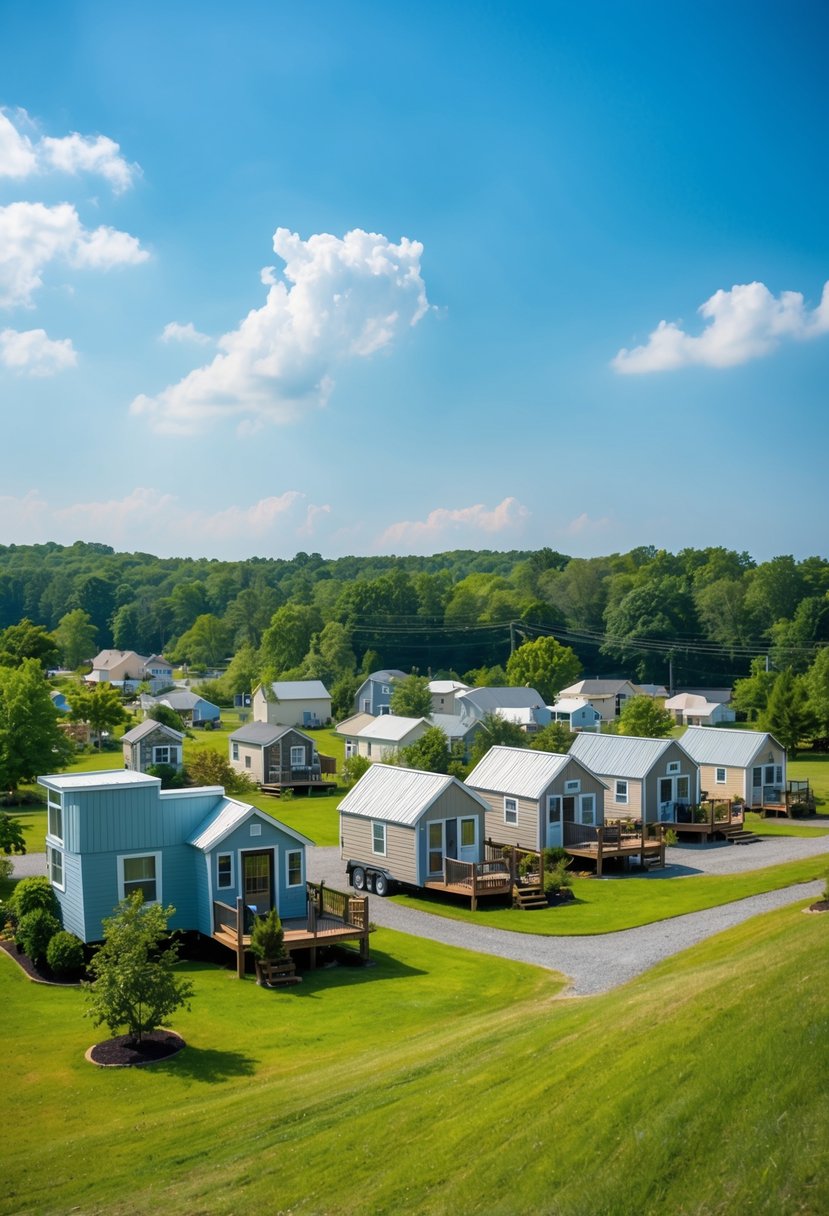 A cluster of tiny homes nestled in a peaceful Tennessee community, surrounded by lush greenery and a clear blue sky