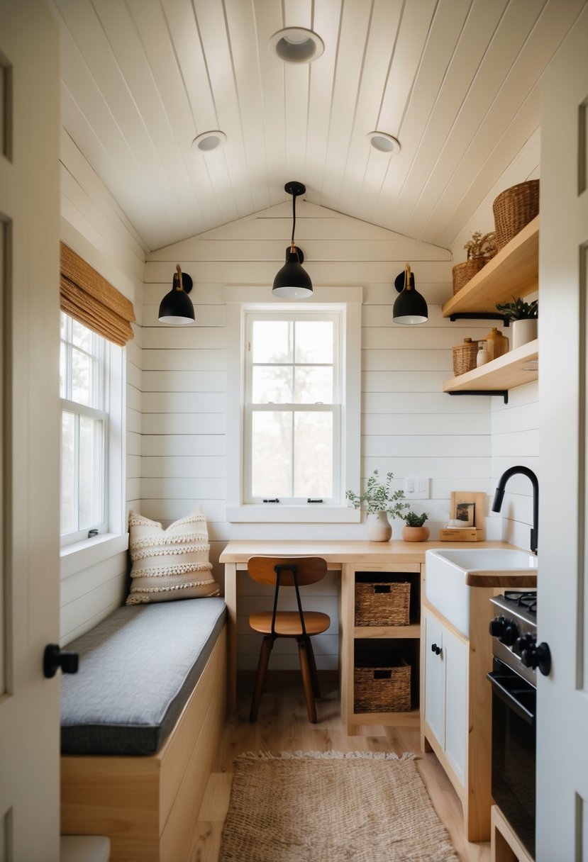 A cozy tiny house interior with minimalist decor, natural light, and space-saving furniture