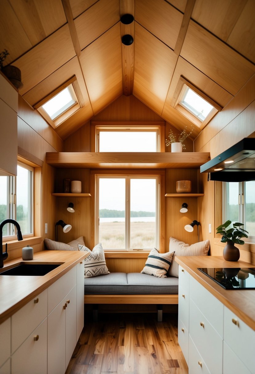 A cozy tiny house interior with warm lighting, minimalist furniture, and natural wood accents