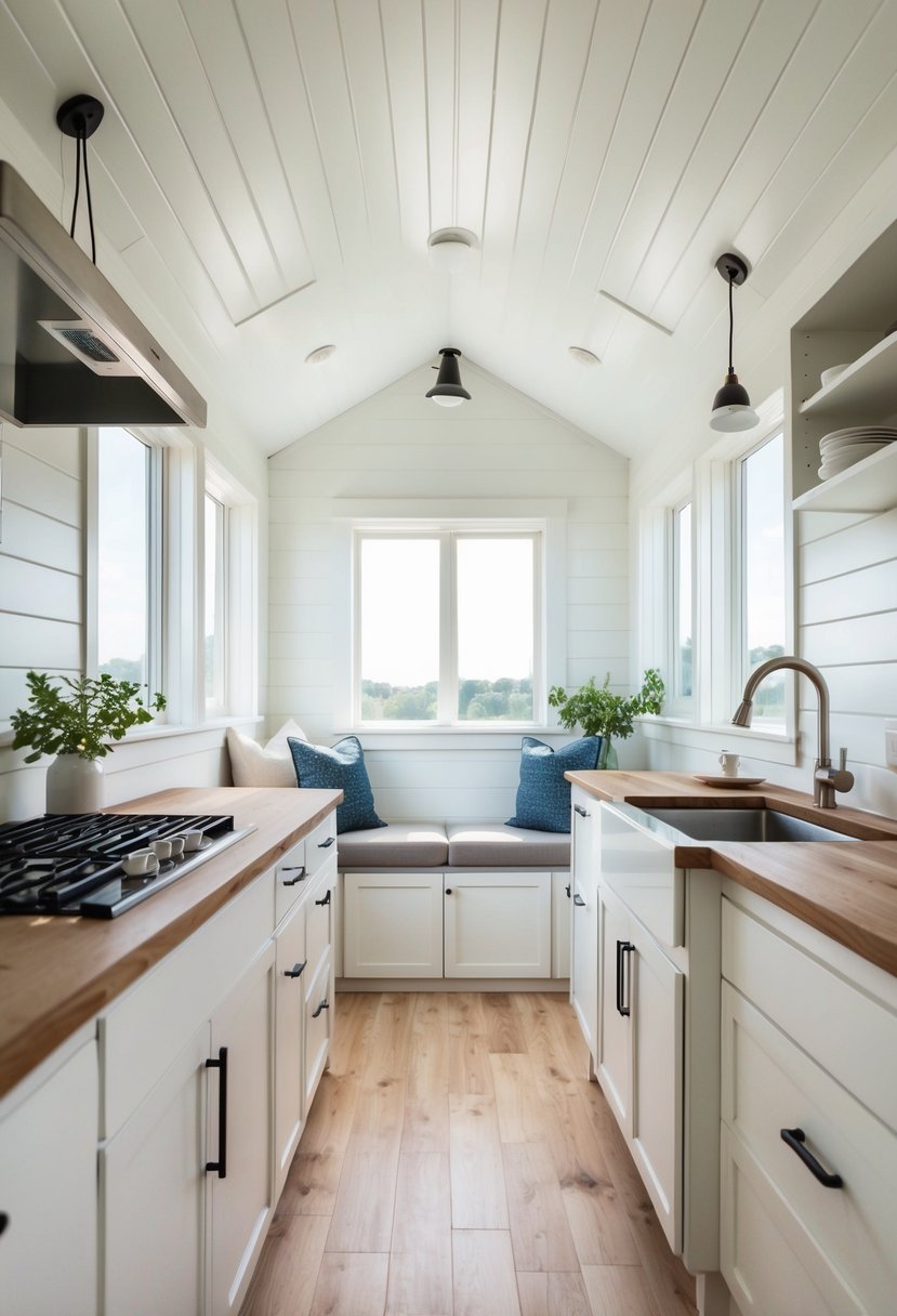 A bright, airy tiny house interior with clean lines, neutral colors, and functional furniture