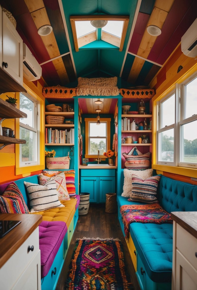 An eclectic mix of vibrant colors and textures fills the cozy interior of a tiny house, blending bohemian and chic styles