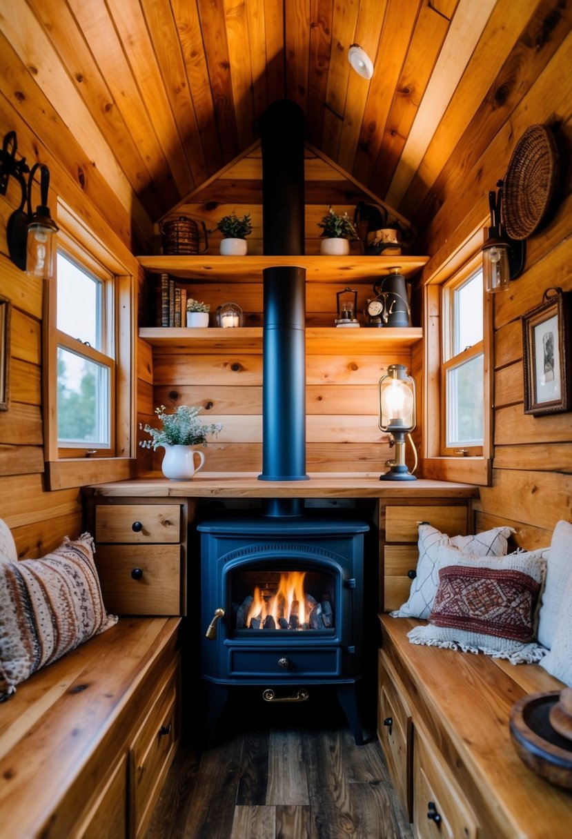 A cozy, rustic tiny house interior with warm wood tones, a crackling fireplace, and vintage decor