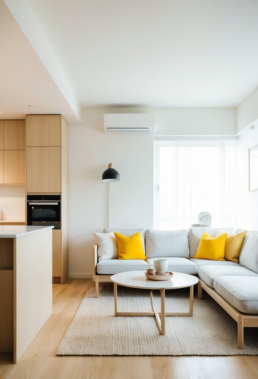 A cozy, minimalist living room with clean lines, light wood furniture, and pops of bright color. A functional kitchen with sleek appliances and ample storage