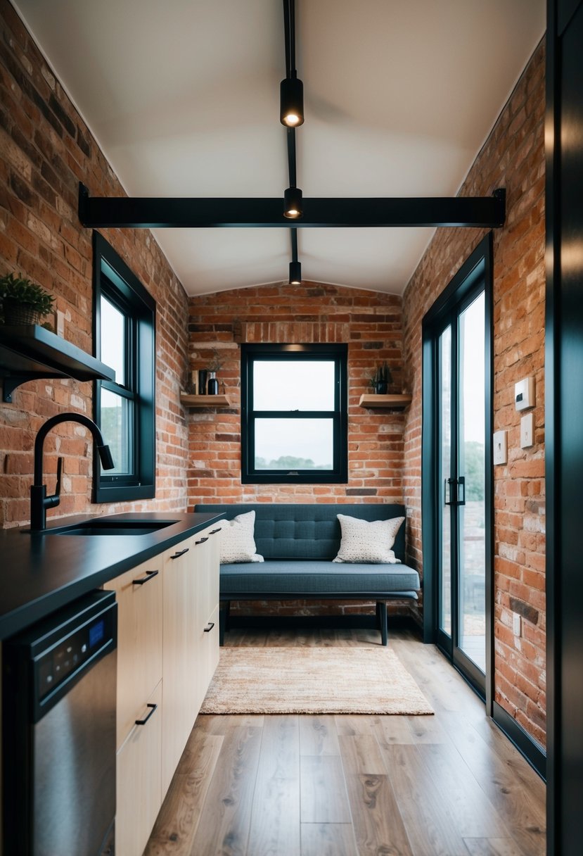 A modern tiny house interior with industrial decor, featuring exposed brick, metal accents, and sleek minimalist furniture