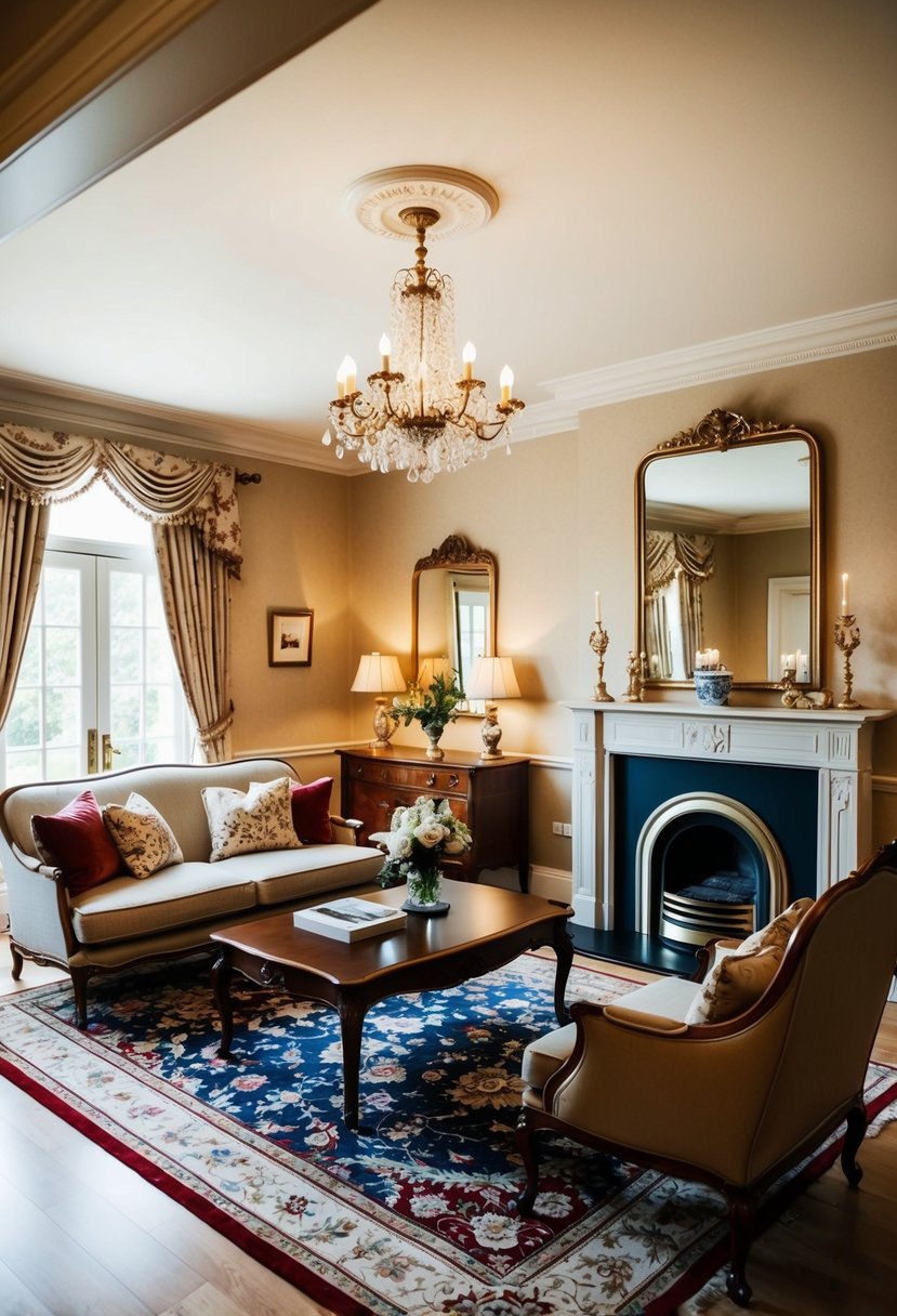 A cozy living room with a classic fireplace, elegant furniture, and traditional decor