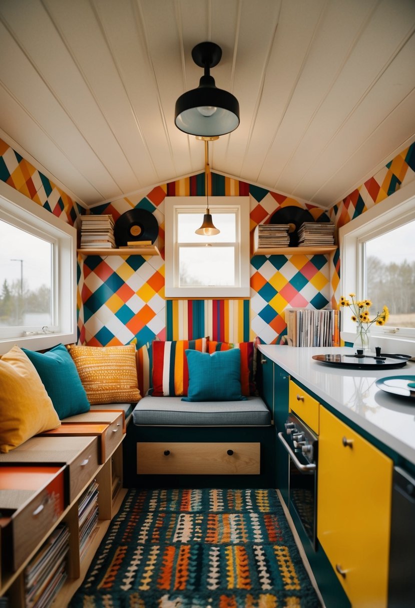 A cozy, mid-century modern tiny house interior with retro furniture, vinyl records, and colorful geometric patterns