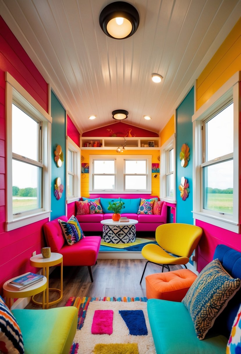A vibrant, open-concept tiny house interior with bold colors, modern furniture, and artistic decor
