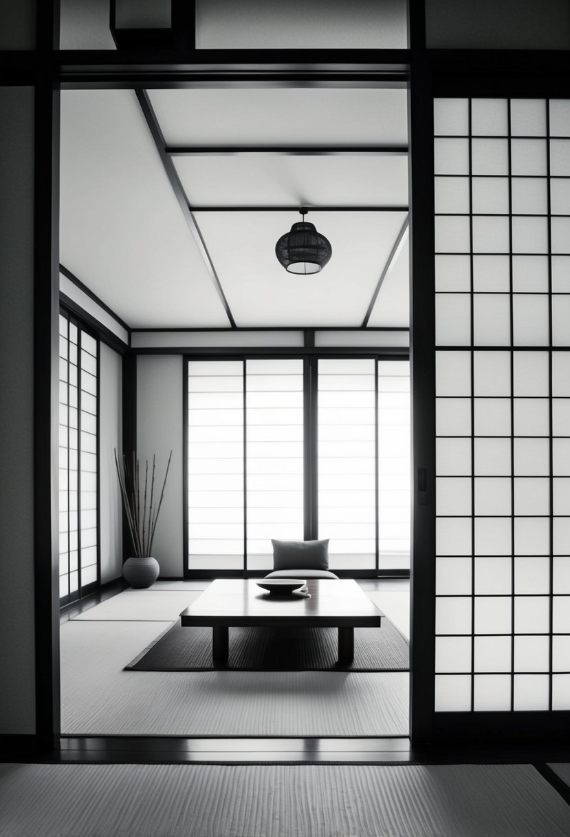 A minimalist Japanese Zen interior with tatami mats, sliding shoji screens, low furniture, and natural materials like wood and bamboo