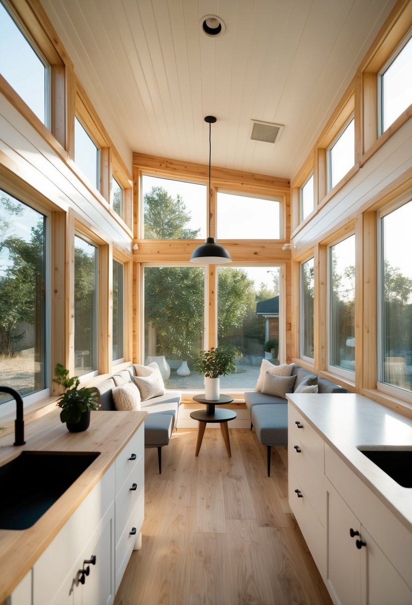A cozy, minimalist tiny house interior with modern furniture and natural light streaming in through large windows