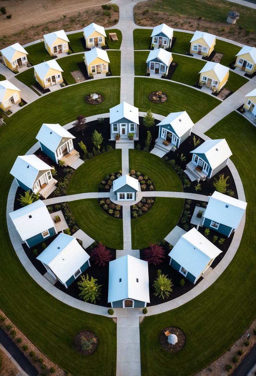 Tiny House Village Layout: Optimizing Space and Community Design 1 A cluster of quaint tiny houses arranged in a circular layout around a central communal area with gardens and pathways