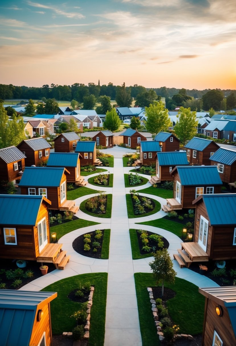 Tiny House Village Layout: Optimizing Space and Community Design 2 A cluster of tiny houses arranged around a central gathering space, with winding pathways and communal gardens