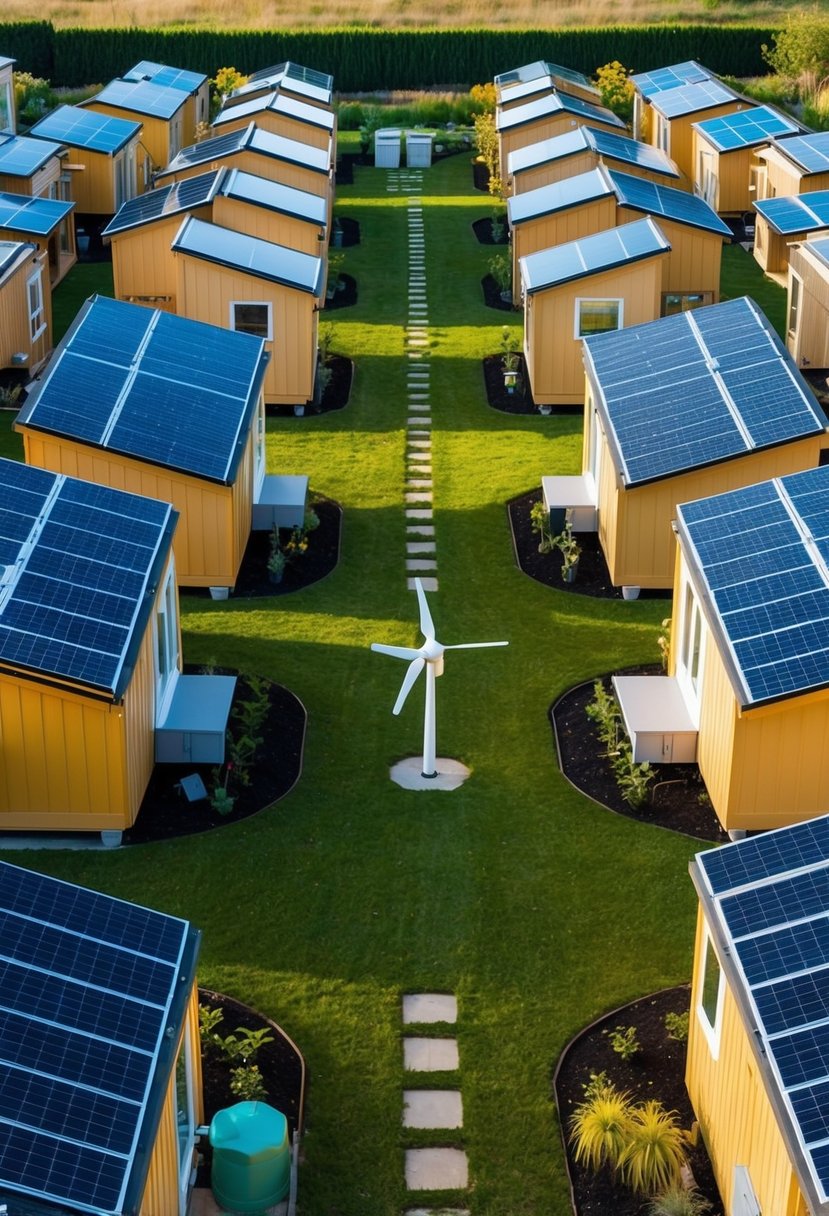 Tiny House Village Layout: Optimizing Space and Community Design 5 A cluster of tiny houses arranged around a central green space, with solar panels on rooftops and a small wind turbine. Paths connect the houses to a communal garden and a water collection system