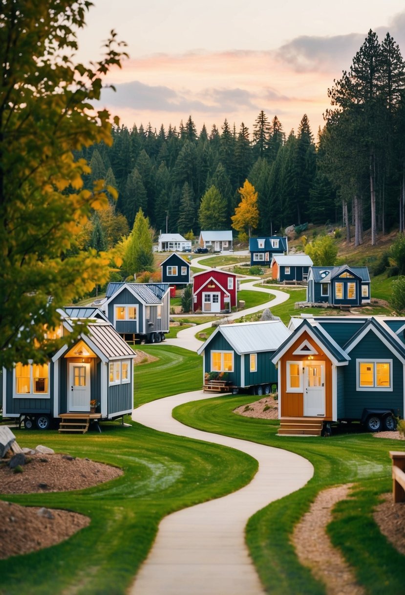 Tiny House Village Layout: Optimizing Space and Community Design 6 A tiny house village with various layouts and designs, nestled among trees and connected by winding pathways