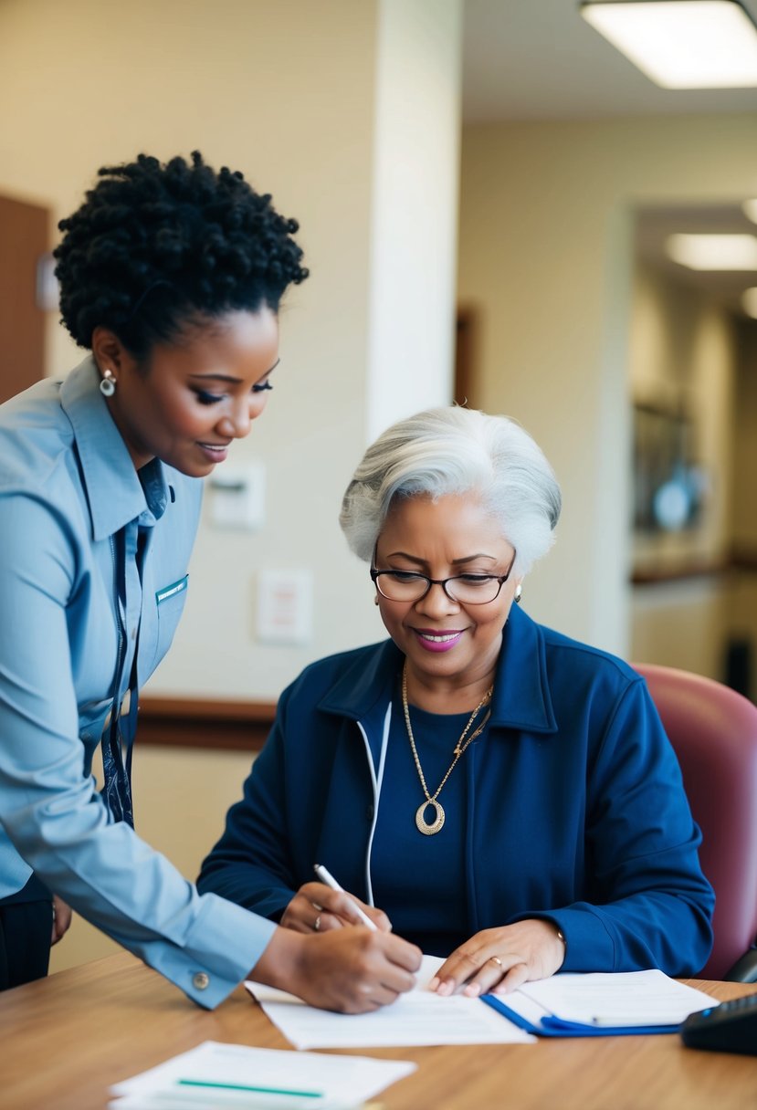 A person filling out paperwork at a desk in a senior housing office, with a staff member assisting them