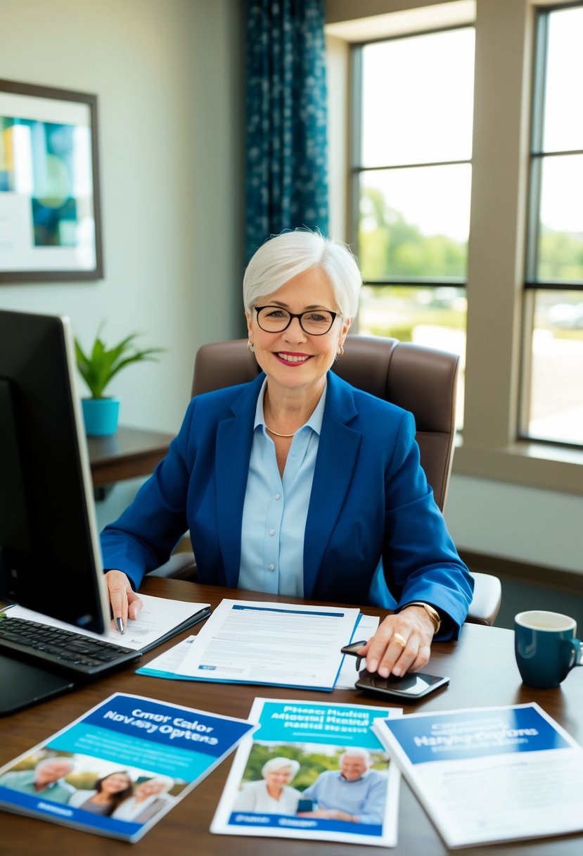 A person sitting at a desk with paperwork, a computer, and a phone, surrounded by brochures and informational materials about senior housing options