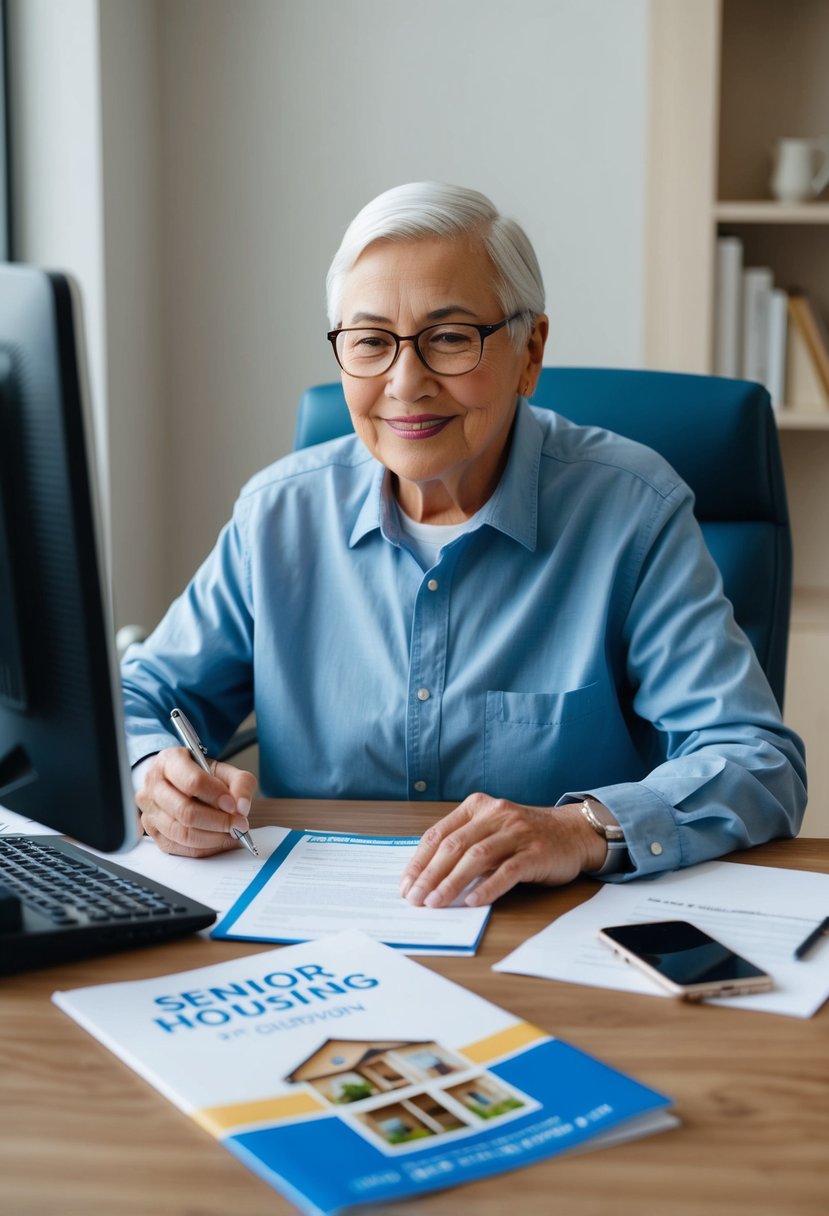 An elderly individual sitting at a desk, filling out paperwork with a computer and phone nearby. A brochure on senior housing is open in front of them