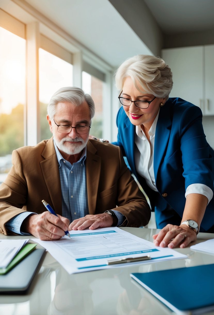 A senior fills out a housing application form at a desk with a pen and paper, while a housing representative assists with the process