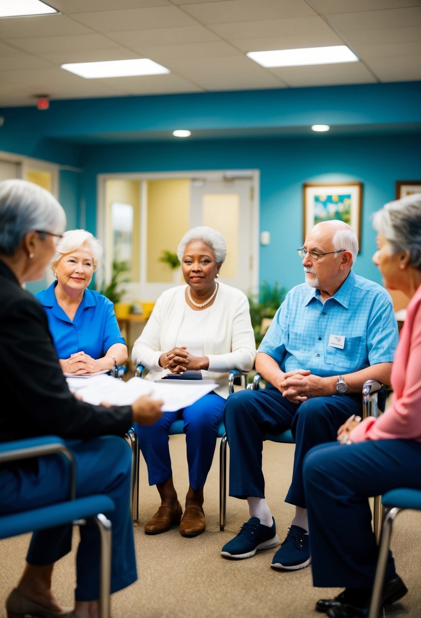 A group of seniors sitting in a community room, discussing housing options with a social worker