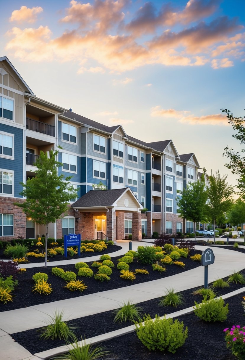 A bustling senior living apartment complex with a variety of amenities, surrounded by well-maintained landscaping and accessible to public transportation