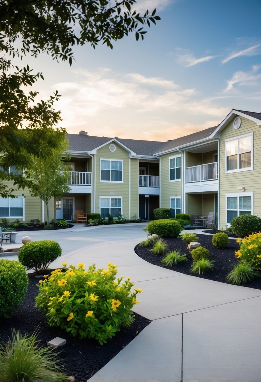 A peaceful senior apartment complex with well-maintained gardens and communal areas, nestled in a quiet neighborhood
