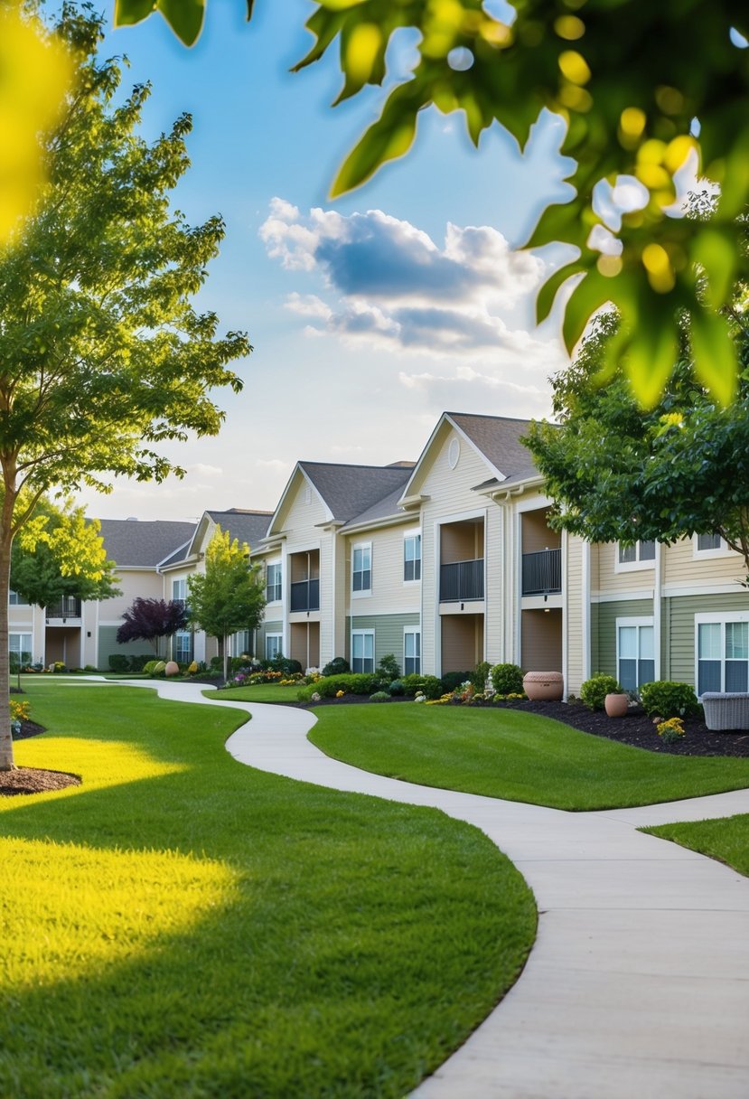 A peaceful community of senior living apartments nestled among lush greenery and walking paths, offering a comfortable and affordable lifestyle for retirees