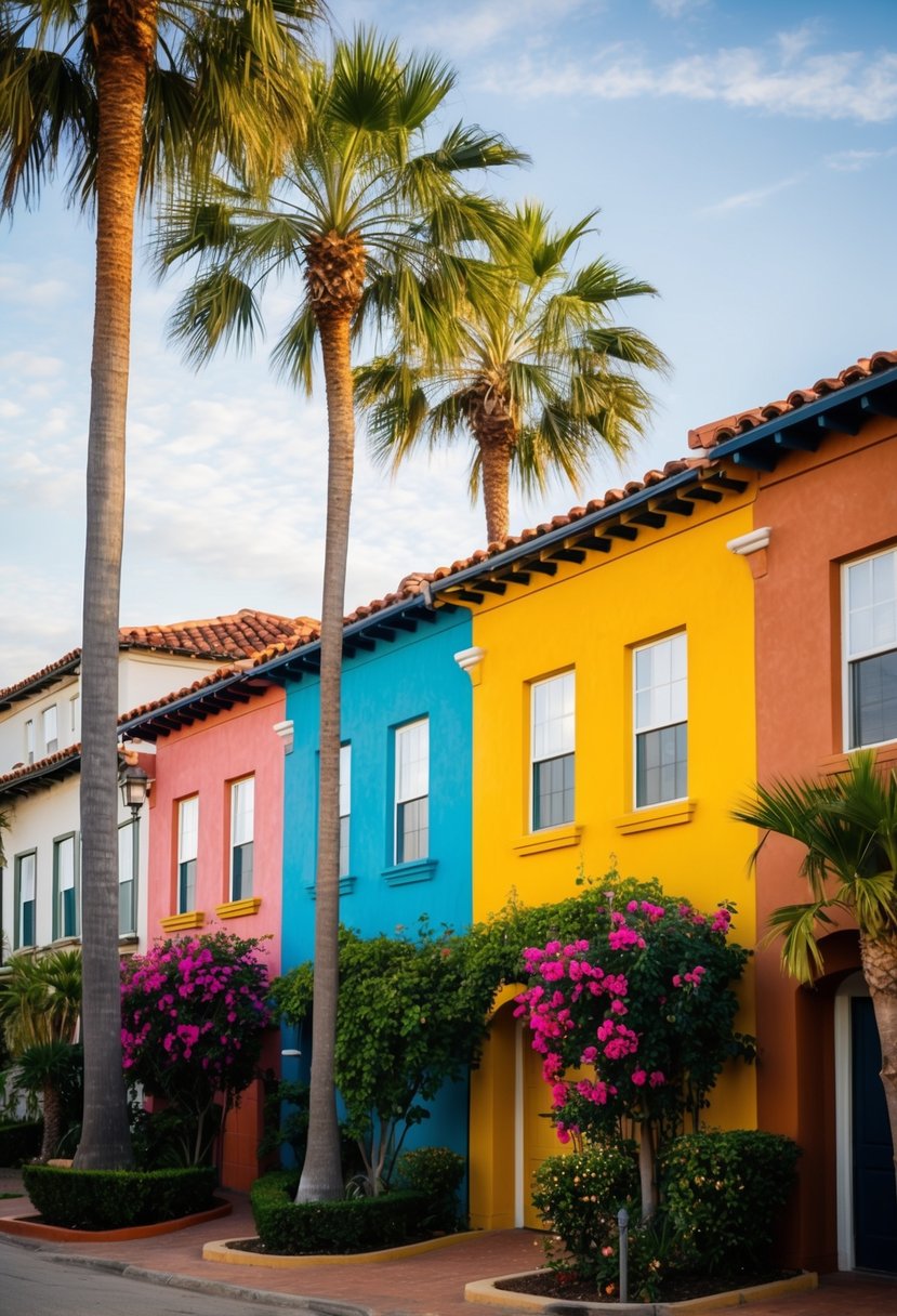 A row of colorful, terracotta-roofed Spanish style homes nestled among palm trees and vibrant bougainvillea