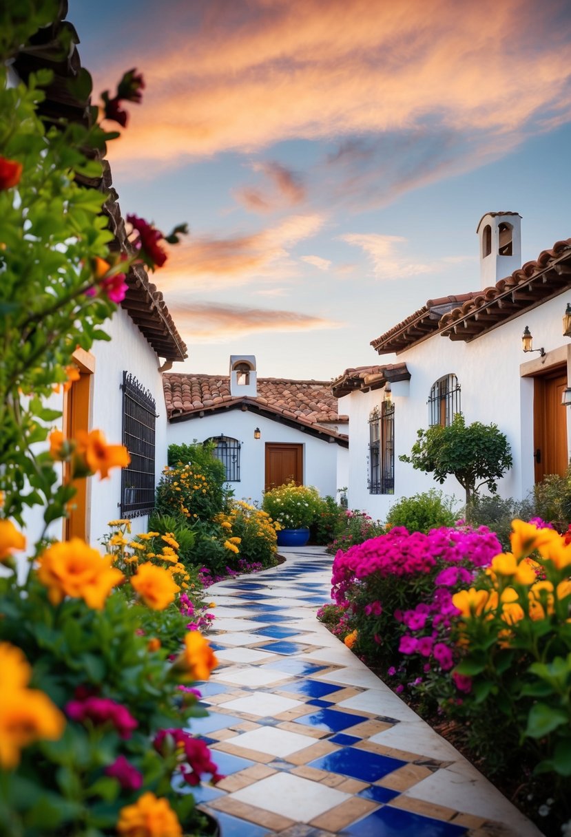 A cluster of small Spanish-style homes nestled among vibrant flowers and tiled pathways
