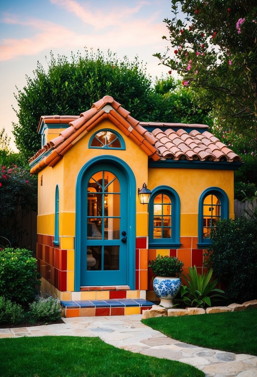 A cozy Spanish-style tiny house with terracotta roof, arched windows, and a colorful tiled exterior nestled in a lush garden