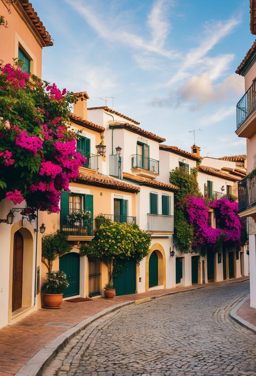 A cluster of small, charming Spanish-style homes nestled among cobblestone streets and vibrant bougainvillea