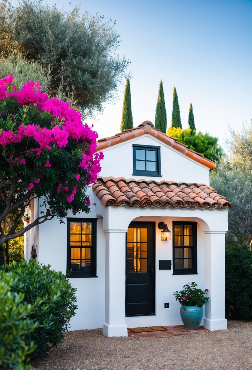 A cozy, white-washed Spanish-style tiny home nestled among vibrant bougainvillea and olive trees, with a terra cotta tiled roof and wrought iron accents