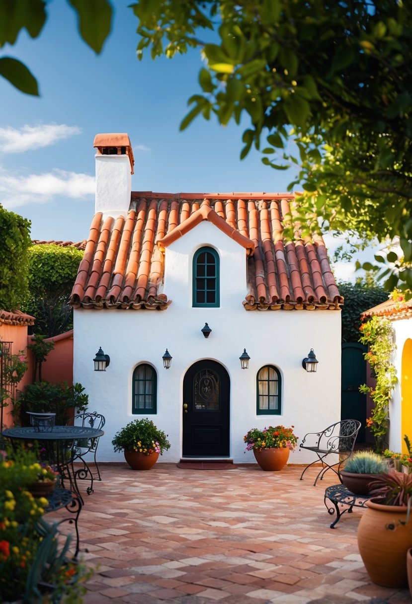 A charming tiny Spanish-style house with red-tiled roof, white stucco walls, arched windows, and a colorful courtyard garden