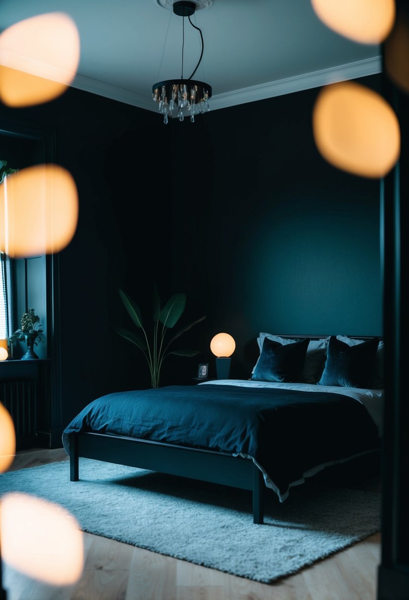 A dimly lit bedroom with black walls, dark furniture, and minimal decor. Aesthetic details include moody lighting and gothic-inspired accents