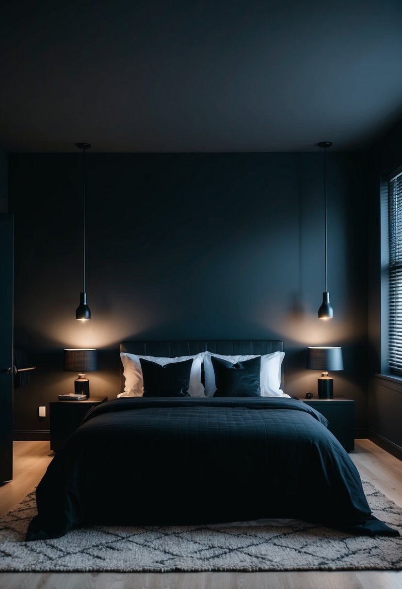 A dimly lit bedroom with black decor, featuring minimalist furniture and moody lighting creating a dark room aesthetic