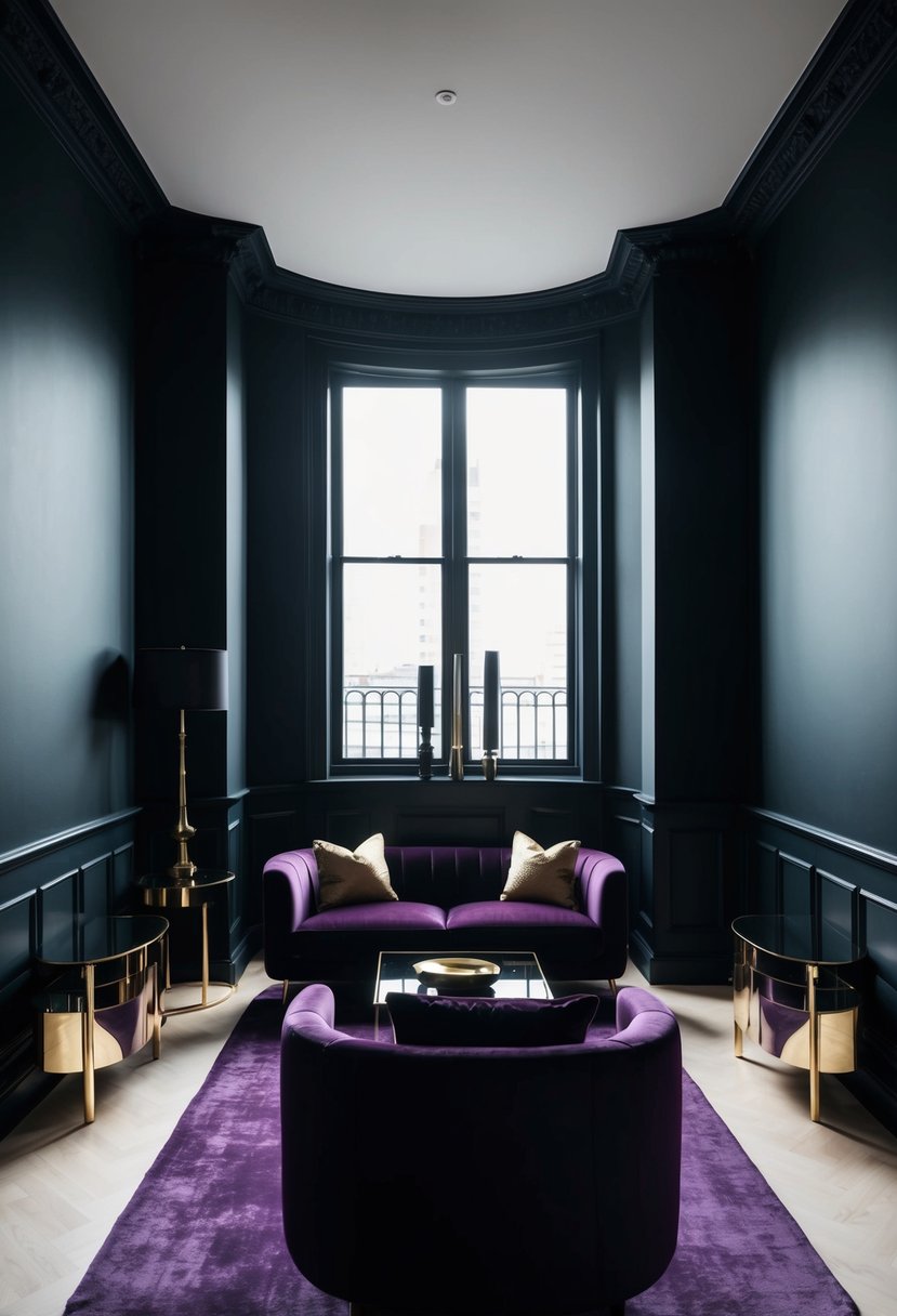 A dimly lit room with black walls and furniture, accented with deep purple and gold decor. A large window allows minimal light to filter in, casting dramatic shadows across the space