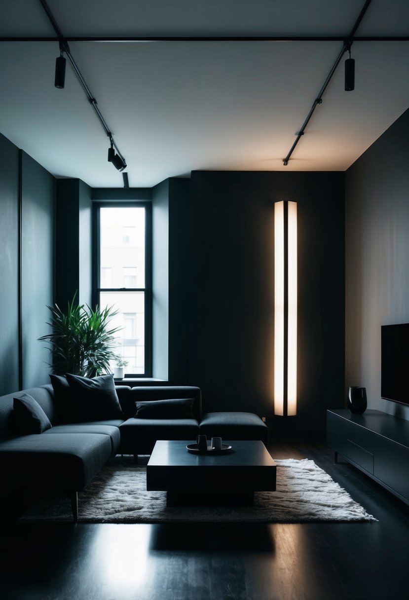 A dimly lit room with black furniture, minimalistic decor, and moody lighting creating a dark and sleek aesthetic