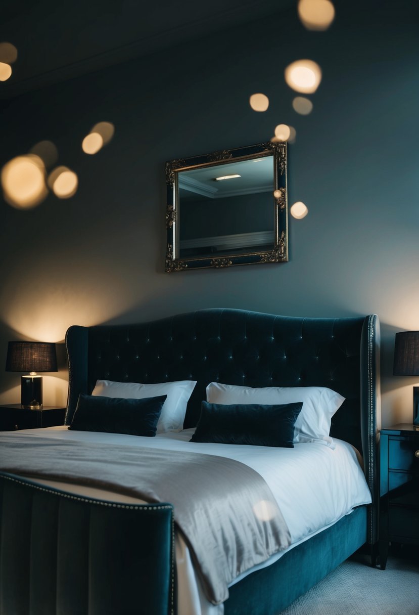 A dimly lit bedroom with a luxurious velvet headboard, exuding a dark and moody aesthetic