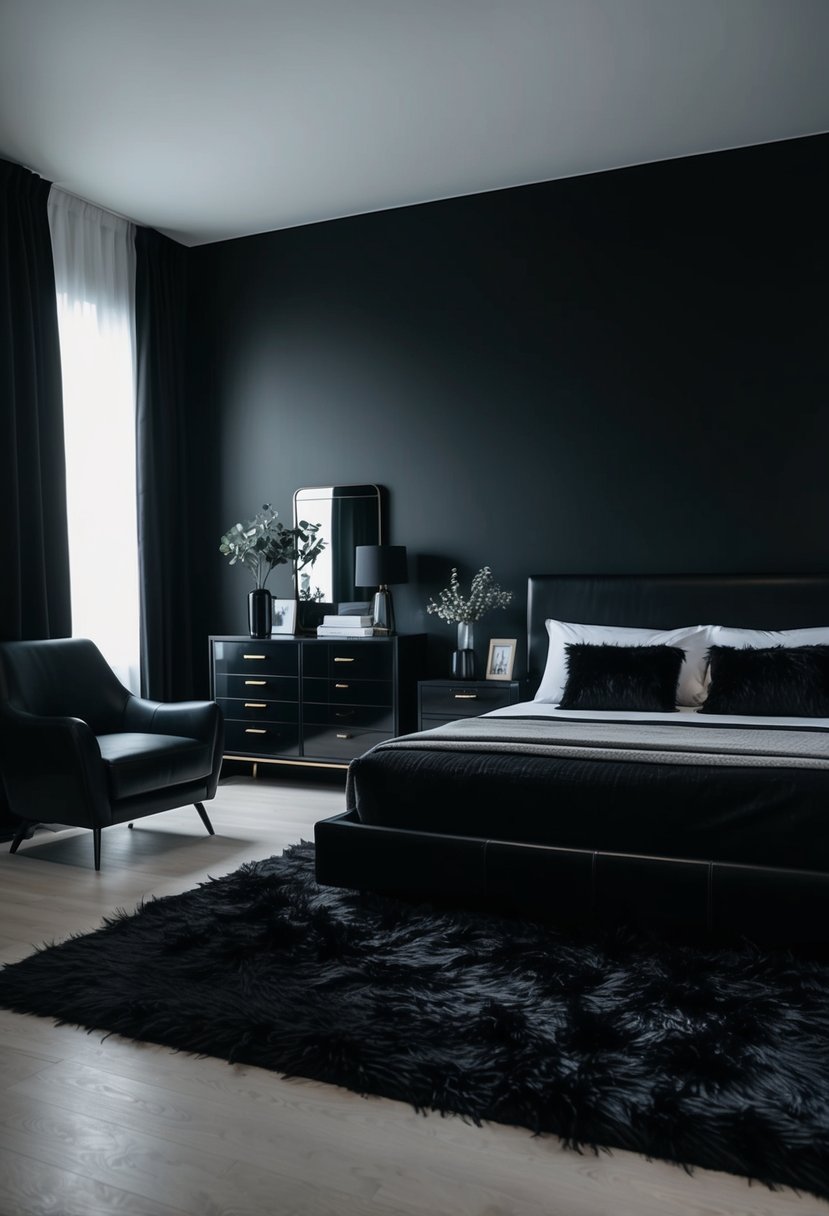 A black bedroom with sleek furniture, a plush black rug, and dim mood lighting, creating a moody and elegant aesthetic