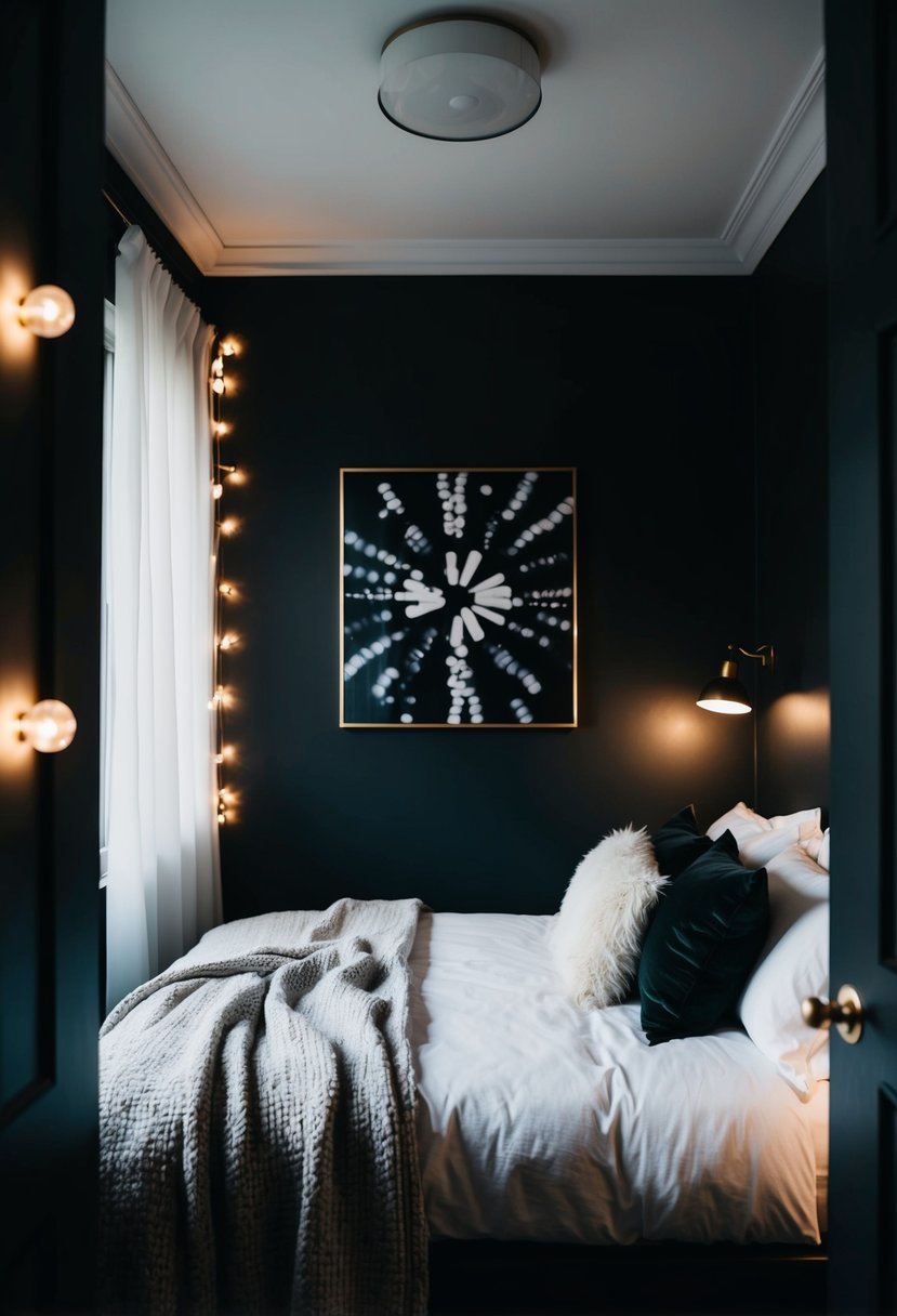 A dimly lit bedroom with black walls, cozy bedding, and soft ambient lighting creates a seriously cozy sanctuary with a dark room aesthetic