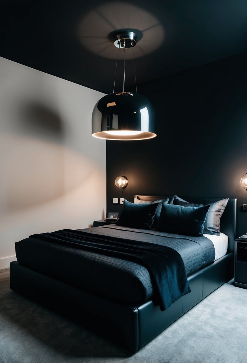 A sleek black bedroom with a metallic lighting fixture, creating a dark and moody aesthetic